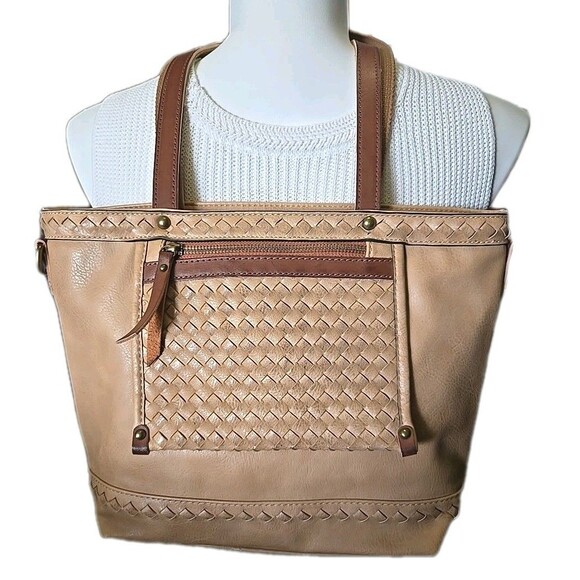 Mona B  Shoulder Bag Vegan Leather Purse Tan Basketweave Zip Pockets 10" x 9" - Picture 1 of 10